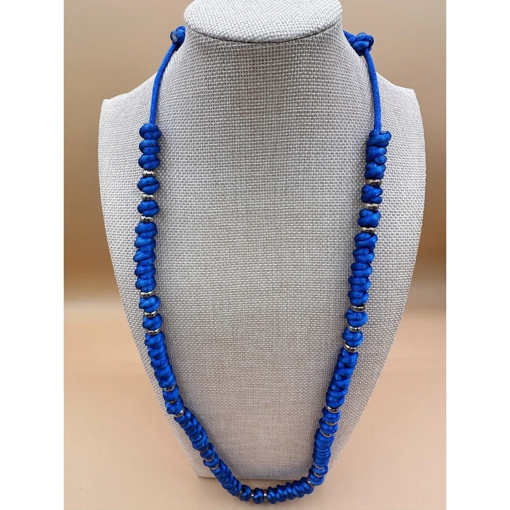 Blue Knotted Cord Necklace Silver Tone Spacer Beads Boho Festival Statement Gift